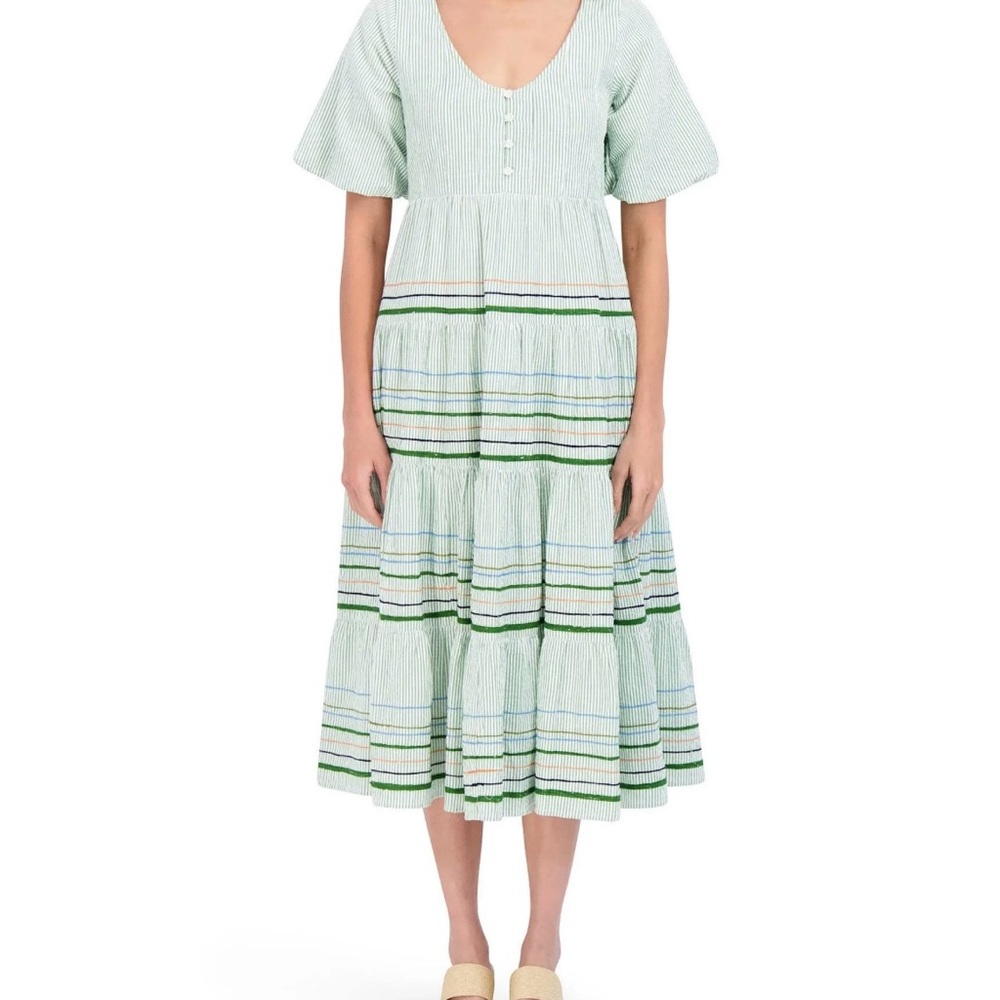 Roller Rabbit Murello Mabel Embroidered Striped Tiered Trapeze Cotton Dress
